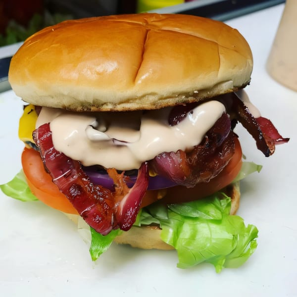 A Burger Time burger with bacon, lettuce, tomato, onions, and special sauce on a bun.