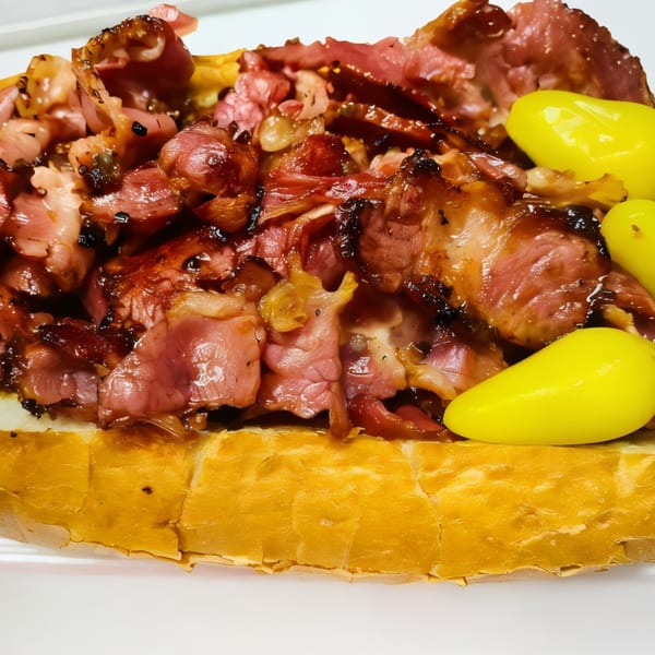 Close-up of a Burger Time pastrami sandwich with yellow peppers on a white background.