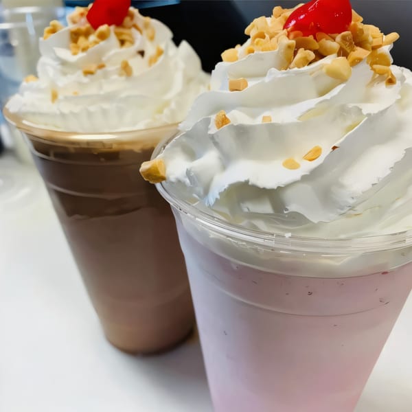 Two milkshakes, one chocolate and one strawberry, topped with whipped cream, nuts, and a cherry.