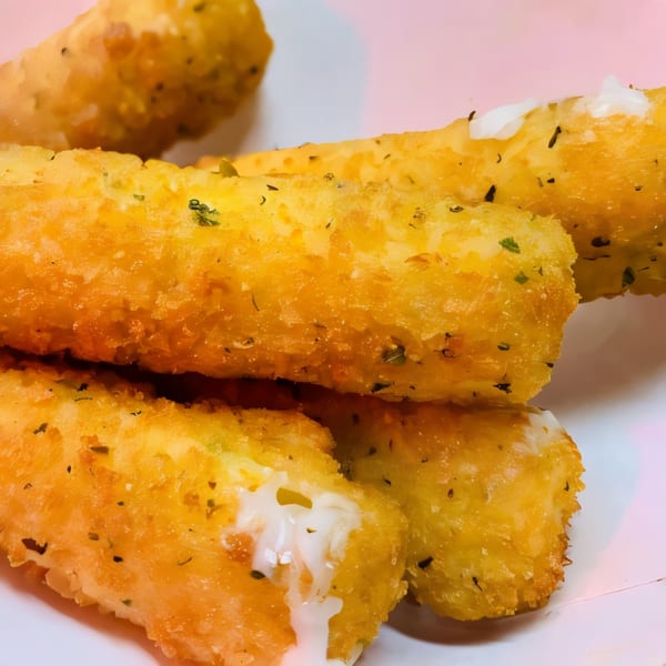 Close-up of golden-brown mozzarella sticks with melted cheese oozing out, garnished with herbs.