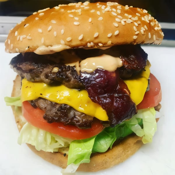 A double patty Burger Time burger with cheese, bacon, lettuce, tomato, and special sauce.