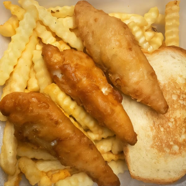Three pieces of fried fish, crinkle-cut fries, and a slice of white toast.