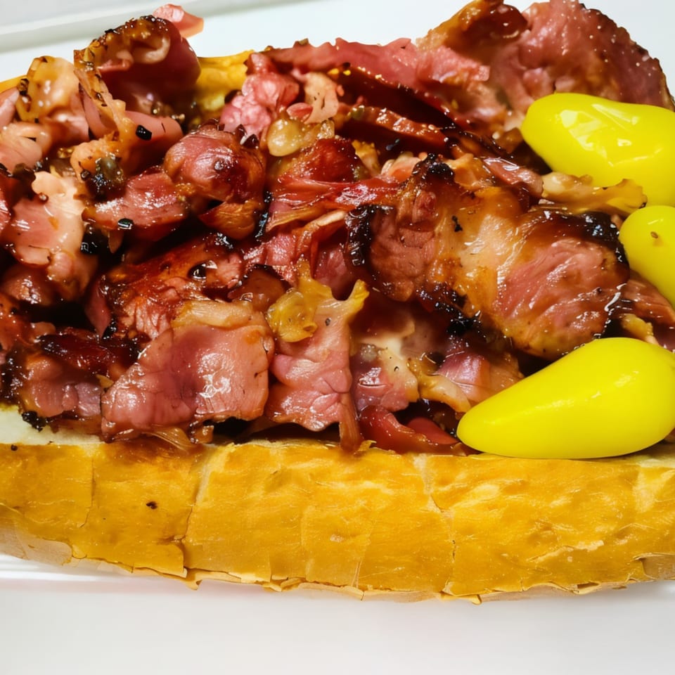 Close-up of a Burger Time pastrami sandwich with yellow peppers on a white background.