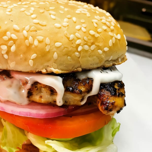 Close-up of a Burger Time chicken burger with lettuce, tomato, onion, and white sauce.
