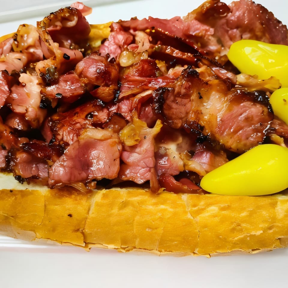 Close-up of a Burger Time pastrami sandwich with yellow peppers on a white plate.
