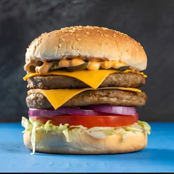 A double cheeseburger from Burger Time with lettuce, tomato, red onion, pickles, and special sauce.